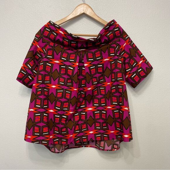 ASPESI Printed Cotton Geometric Off The Shoulder Blouse Red Pink Size 40 = US 4 - Picture 2 of 12